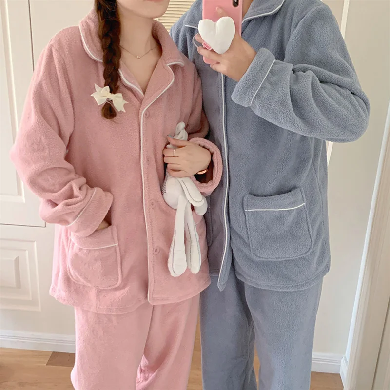 

Lovers New Soft Thicken Winter Fuzzy Coral Velvet Solid Long Sleeve Pajama Set Women Couple Home Kawaii Casual Ins Sleepwear