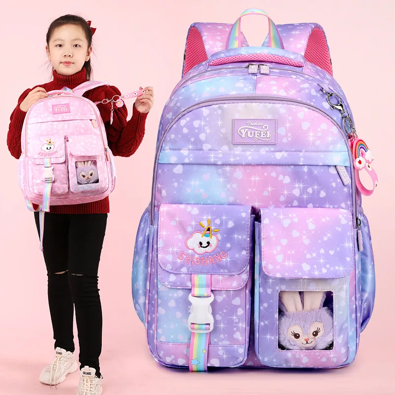 

2024 Rainbow pendant Kids School Bags for teenage girls 2-size school backpacks suitable for ages 1-6 waterproof nylon schoolbag