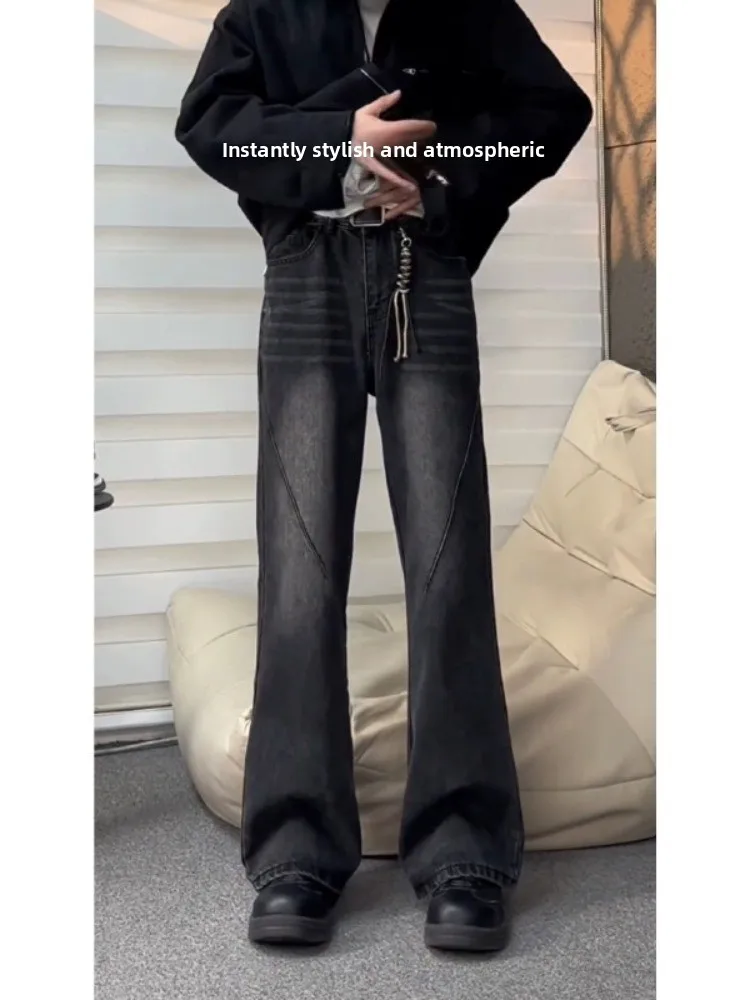 

aduated Denim Jeans Men's Loose Flared Pants High Waist Straight Leg Spring Faionable Wear Resistant mid Low Waist Zipper