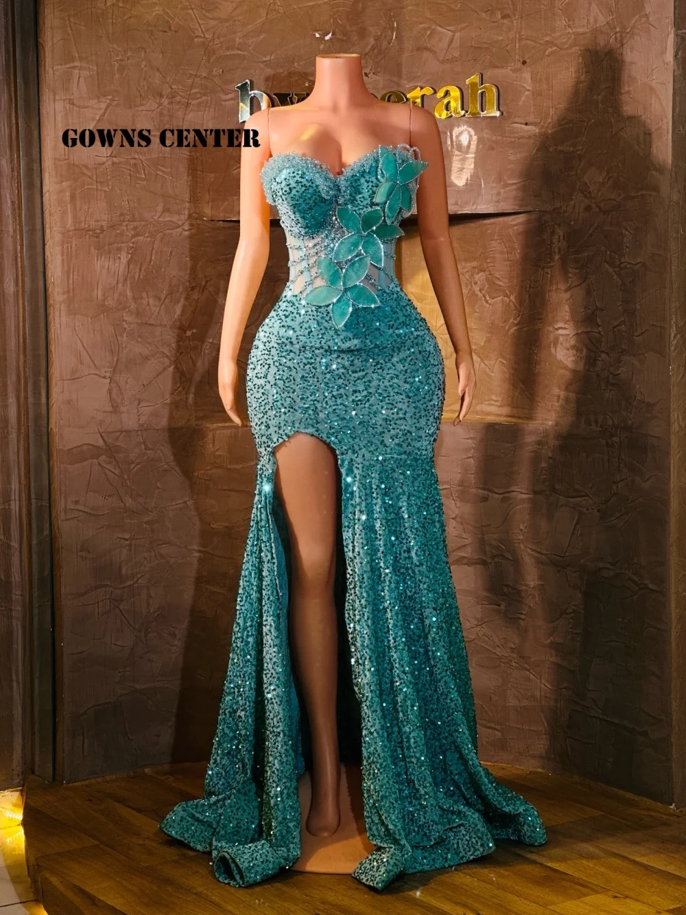 

Turquoise Beaded Strapless Mermaid Prom Dress 3D Floral Decor High Slit Formal Evening Gown for Banquet Events Customized