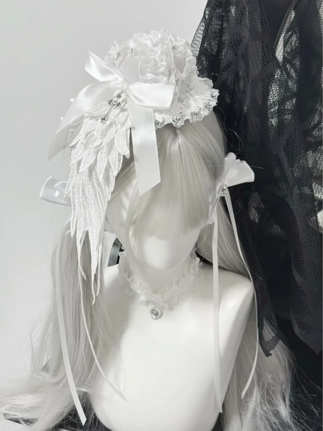 Women's Harajuku Steampunk Y2K Lace Wing Headwear Bow Mini Top Hat Hair Clip Lolita Gothic Dark Angel Cross Hair Accessories 4