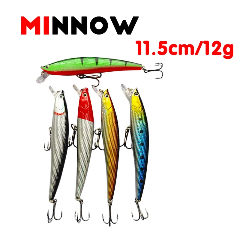 Floating Minnow Fishing Lures, 5Colors, Deep Diving Wobbler, Artificial Hard Bait, Swimbait, Sea Fishing Tackle, 11.5cm, 12g, 1P