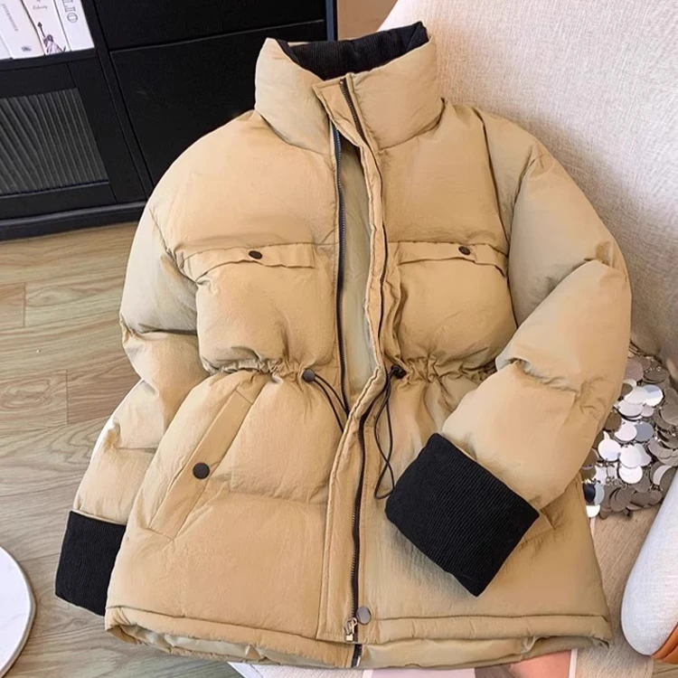 2025 Damescontrasterende kleur opstaande kraag donsjack Winter verdikte lange jas Grote maat taillegeul