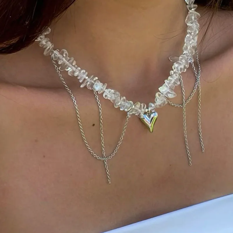 Diseño exagerado, cadena de piedra rosa Irregular con cadena de borlas y colgante de corazón, collar para mujer, regalo de San Valentín X0305