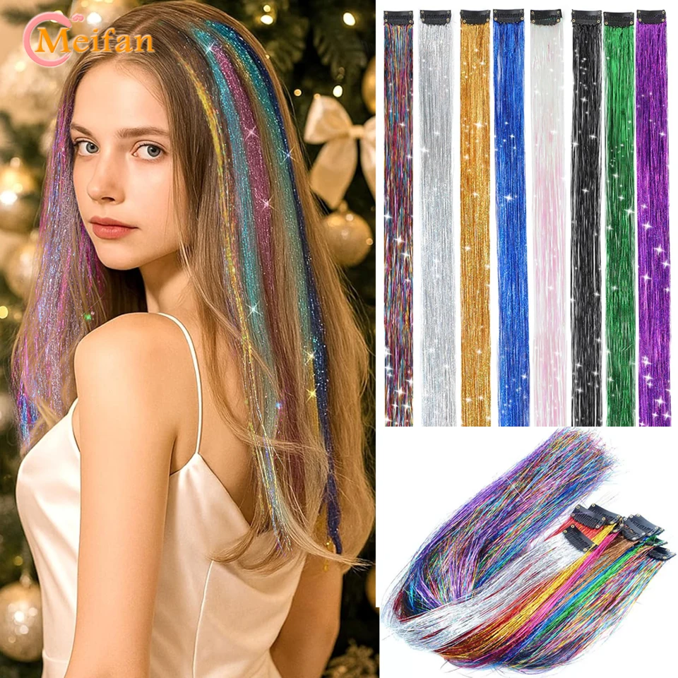 

24Inch Highlight Glitter Rainbow Tinsel Hair Extension Synthetic Colorful Clip in Hair Extension Kit Glitter Rainbow Hairpiece