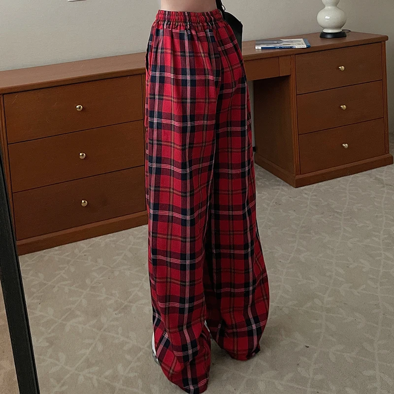 Women High Waist Y2k Loose Straight Leg Pants Lady Korean Harajuku Baggy Wide Leg Trousers Female Casual Grunge Red Plaid Slacks