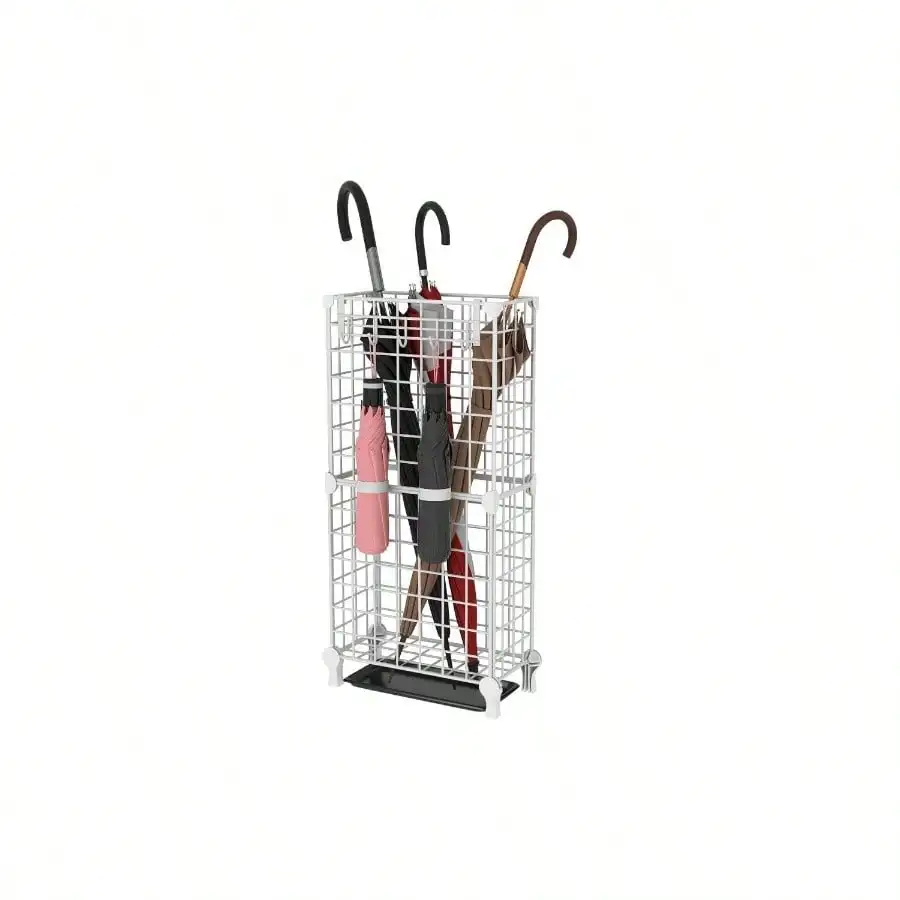 

Holder Entryway, Stand Freestanding, Metal Square Rack Organizer With A Removable Drip Tray, Hooks, Black