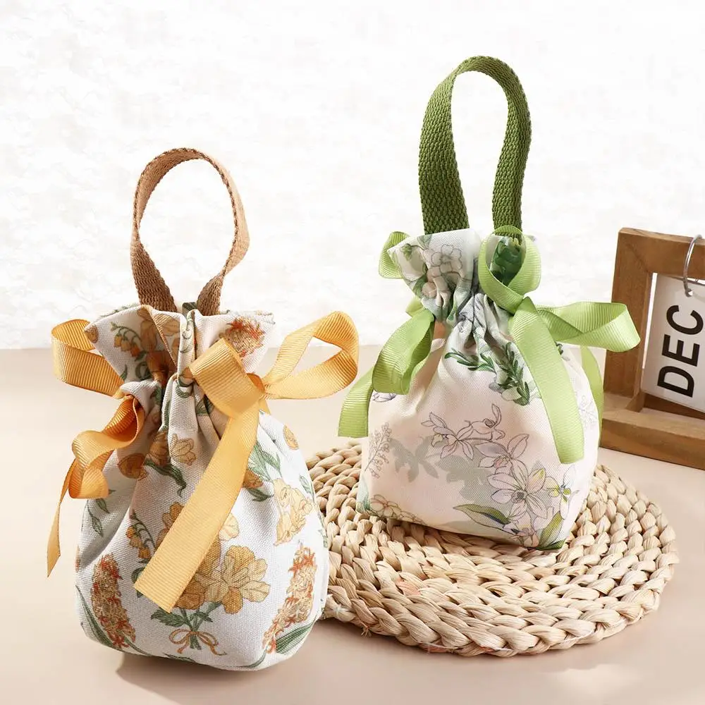 Bird Canvas Drawstring Bag Floral Korean Style Small Flower Wrist Bag Wedding Candy Bag Coin Purse Wallet Bowknot Handbag