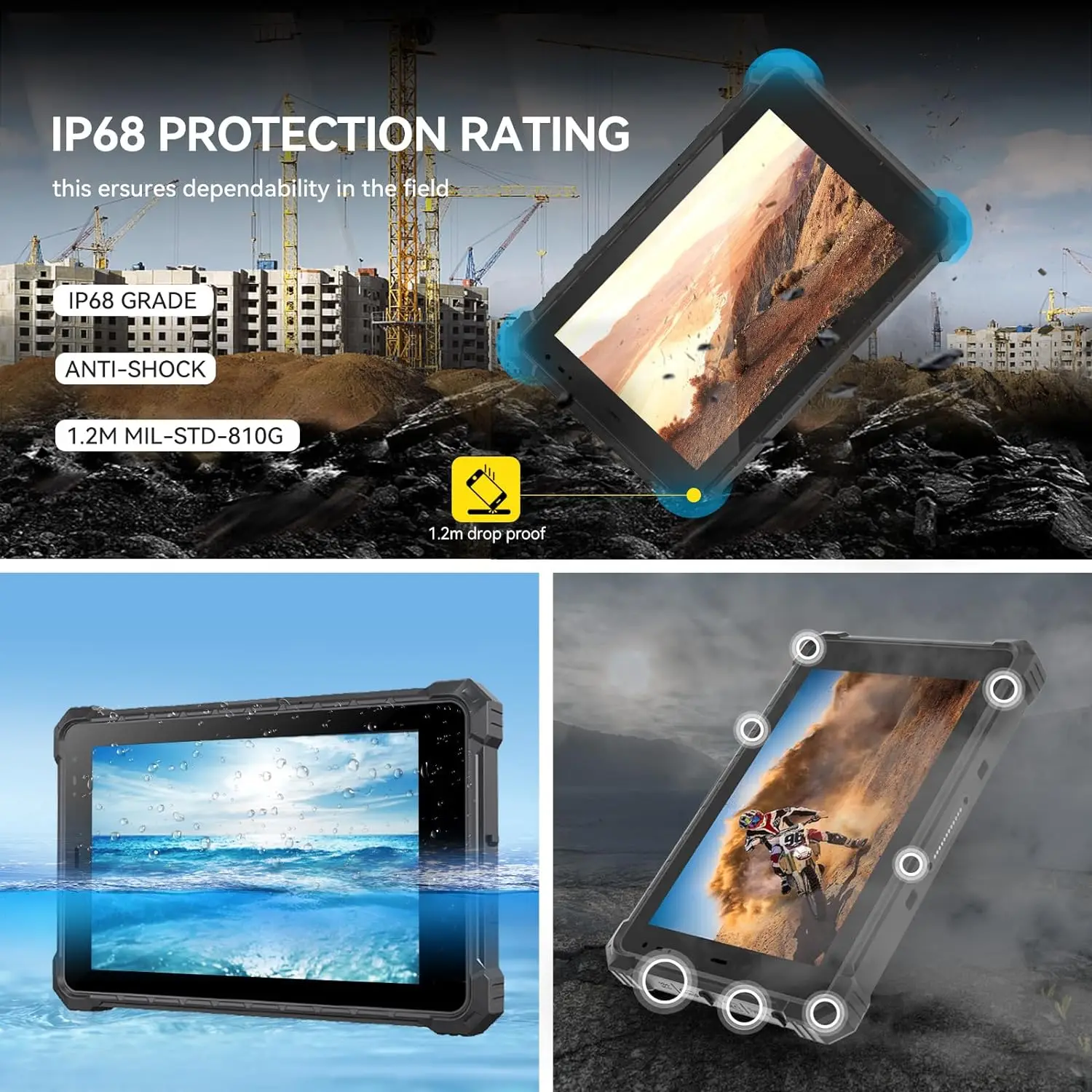 Rugged Tablet,8 inch Android 10 Industrial Outdoor Tablet,8GB+128GB,10000mAh Battery,750nit,1920x1200IPS,IP68 Waterproof Tablet