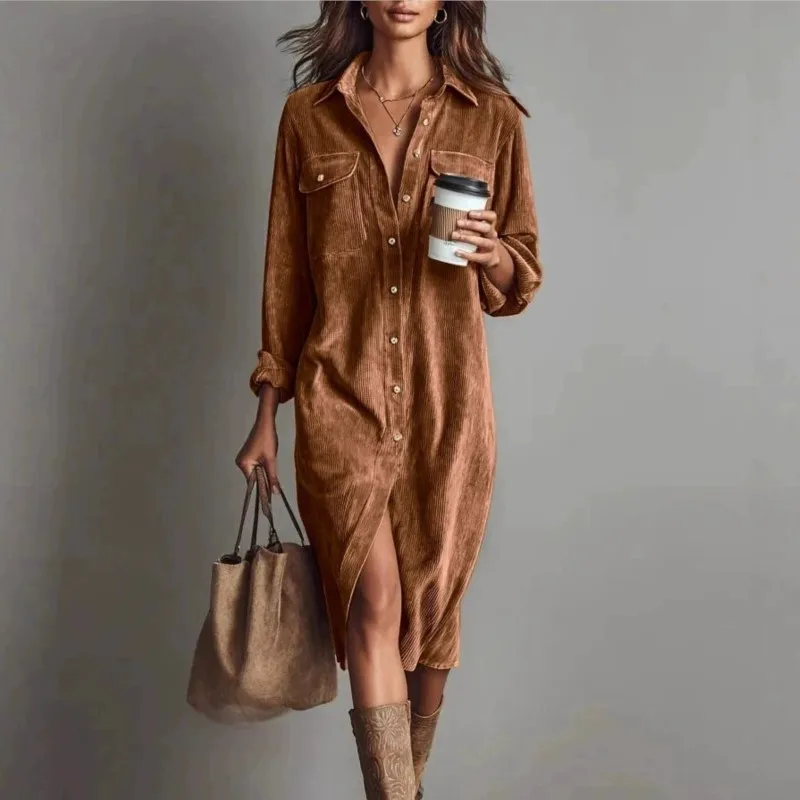 Vintage frauen Kleid Frühling Sommer Büro Dame Solide Cord Langarm Revers Hemd Lose Maxi Kleider Für Frauen Vestidos Neue