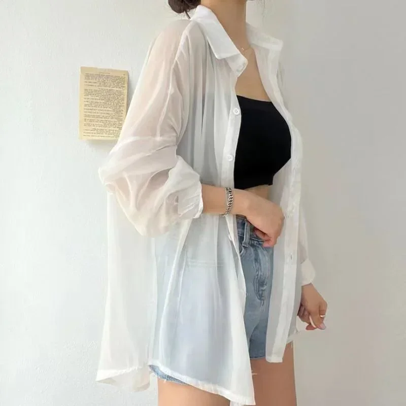 Women Elegant Long Sleeve Perspective Sheer Sunscreen Chiffon Blouse Korean Fashion Loose Shirt Women Summer Beach Cardigans