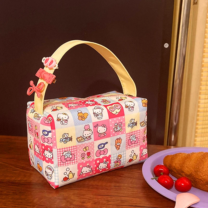 

Kawaii Pink Hello Kitty Makeup Bag Sanrio KT Cat Large Capacity Cosmetic Bag Handbag Portable Wash Pouch Sundry Storage Bag