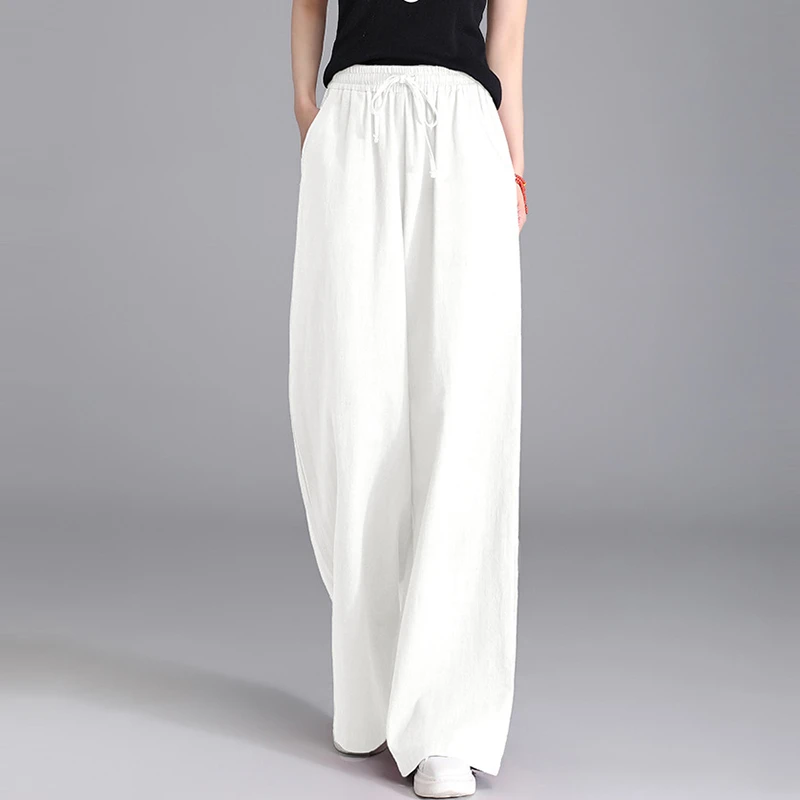 Hoge Taille Katoen Linnen Wijde Pijpen Broek Vrouwen Nieuwe Collectie 2025, Lente Vintage Stijl Effen Kleur Vrouwelijke Casual Broek M1463