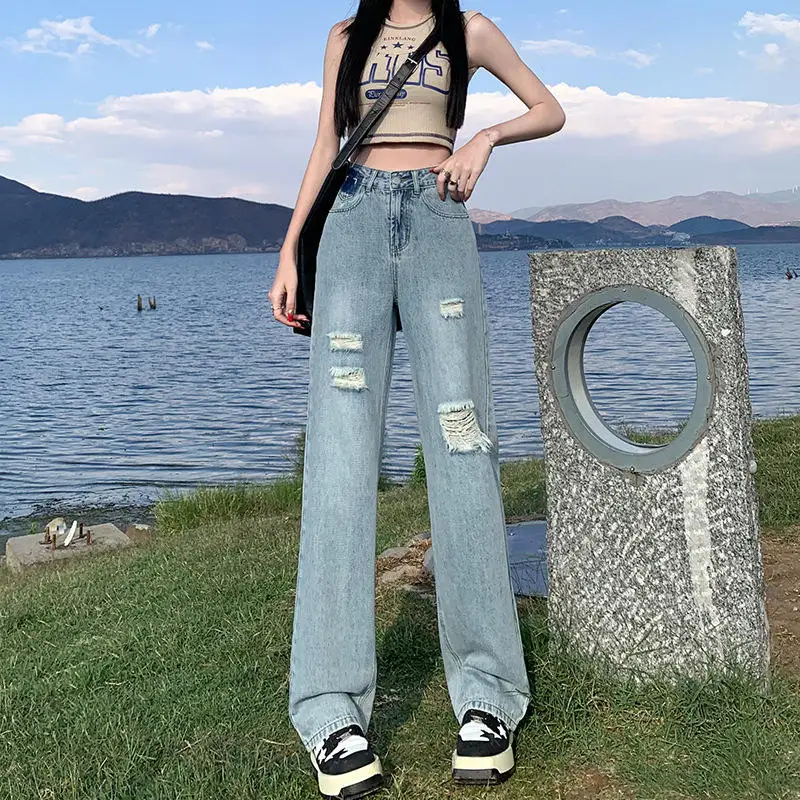 

High Waist Wide Leg Jeans Women's Casual Ankle-Length Trousers Color Blo Design Distred Straight Cut Commute Sle