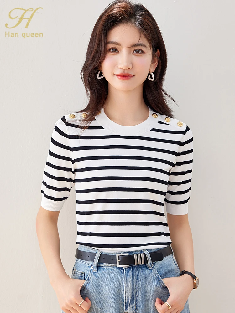 H Han Queen Damen-Elegantes T-Shirt, locker, lässig, kurz, kurz, T-Shirts, stilvoll, geknöpft, gestreift, Strickpullover, Basic, Büro, Vintage-Tops