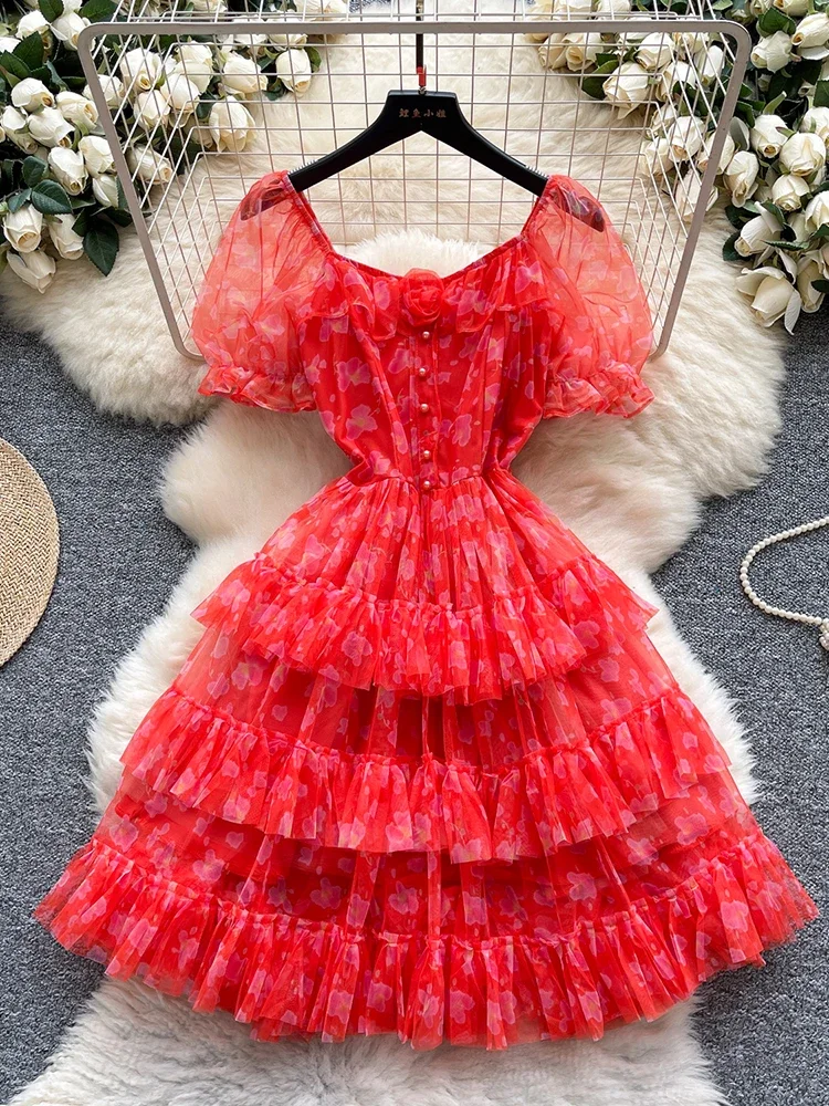 Letnia damska sukienka mini z dekoltem typu \"bubble sleeve\", nowa modna, słodka sukienka na przyjęcie urodzinowe, krótka sukienka z siateczki w stylu \"cake\", L02