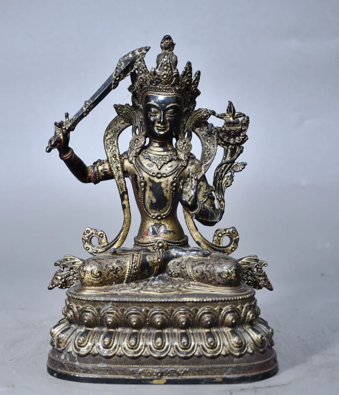 Chinese Antique Tibetan Sword-Wielding Manjushri Bodhisattva Aged Brass