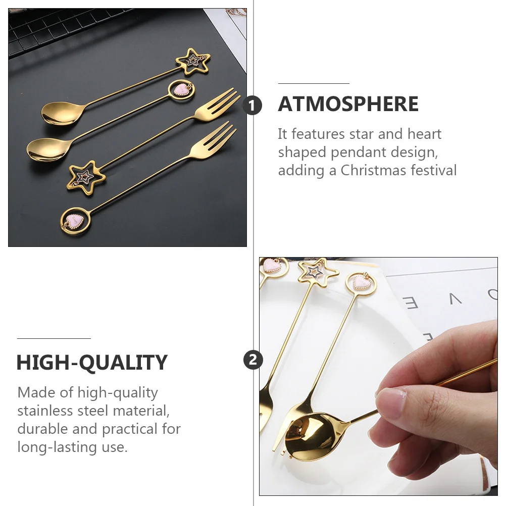 

1Set Stainless Steel Christmas Spoon Fork Xmas Party Tableware Heart Star Pendant Dinnerware Decoration Christmas Spoon Fork