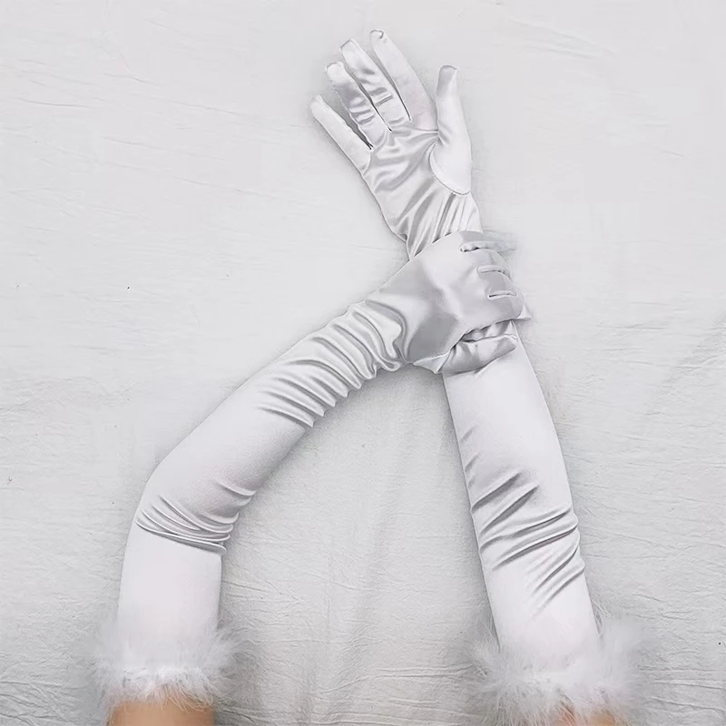 Guantes de plumas elásticos de dedo completo para mujer, manoplas sexys de seda satinada para fiesta de baile, maquillaje de Halloween, escenario de