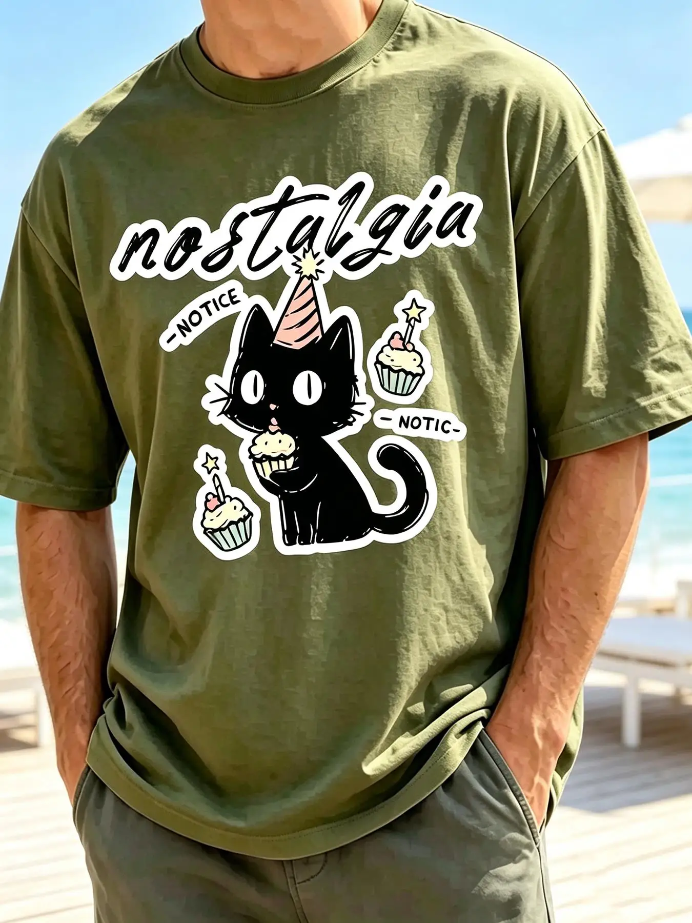 Nostalgia Cupcakes Cat With Party Hat Printing Men'S T Shirts Summer Cotton Short Sleeves Crewneck Loose Sportswear Soft Tops