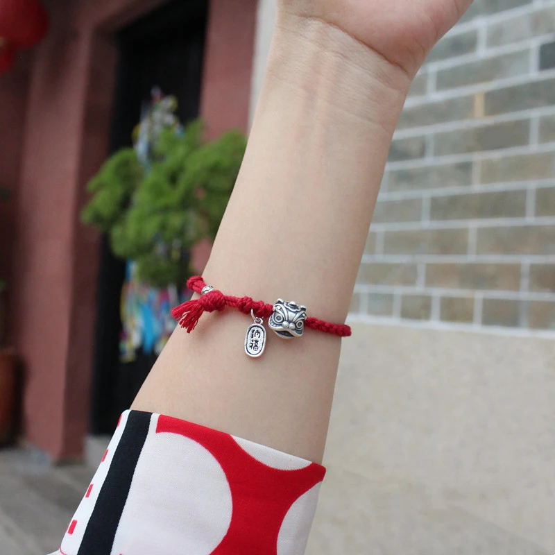 1PC Handmade Lucky Couple Bracelets Red String With Golden Beads Chinese Zodiac Year Charm Accessories