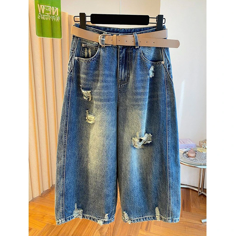 Blue Ripped Wide Leg Jeans Women's Summer Loose Nine Points Slimming Denim Casual Fashionable plus Size Nine Length Pants