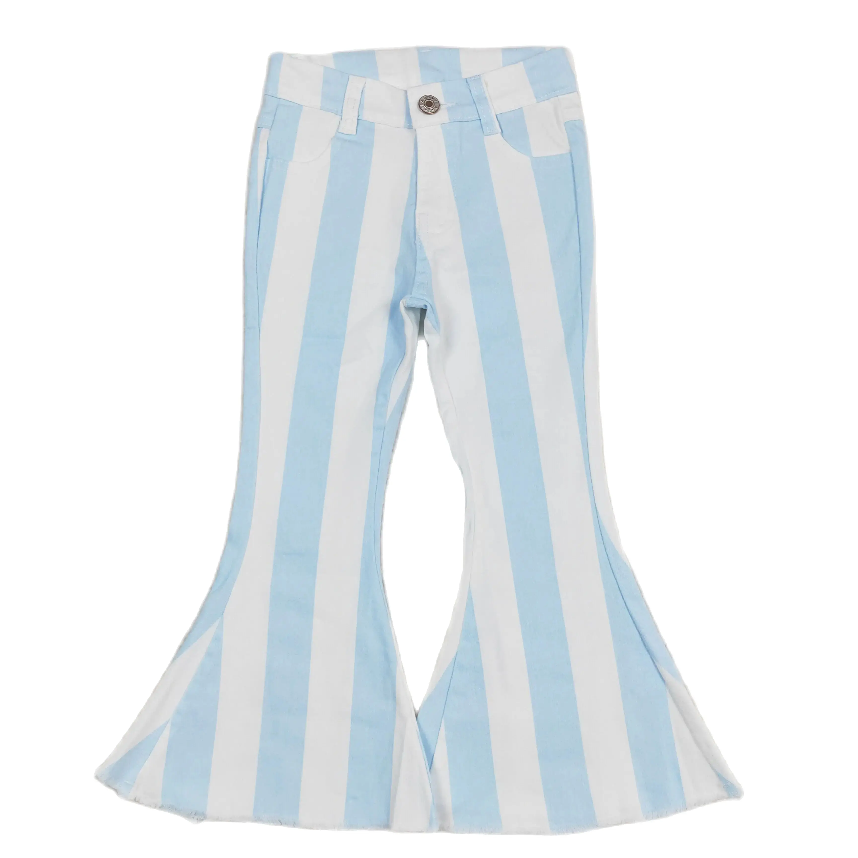 

Wholesale Baby Girl Zipper Denim Trousers Blue Stripes Kids Jeans Children Toddler Flared Bell Bottom Pocket Resizable Pants