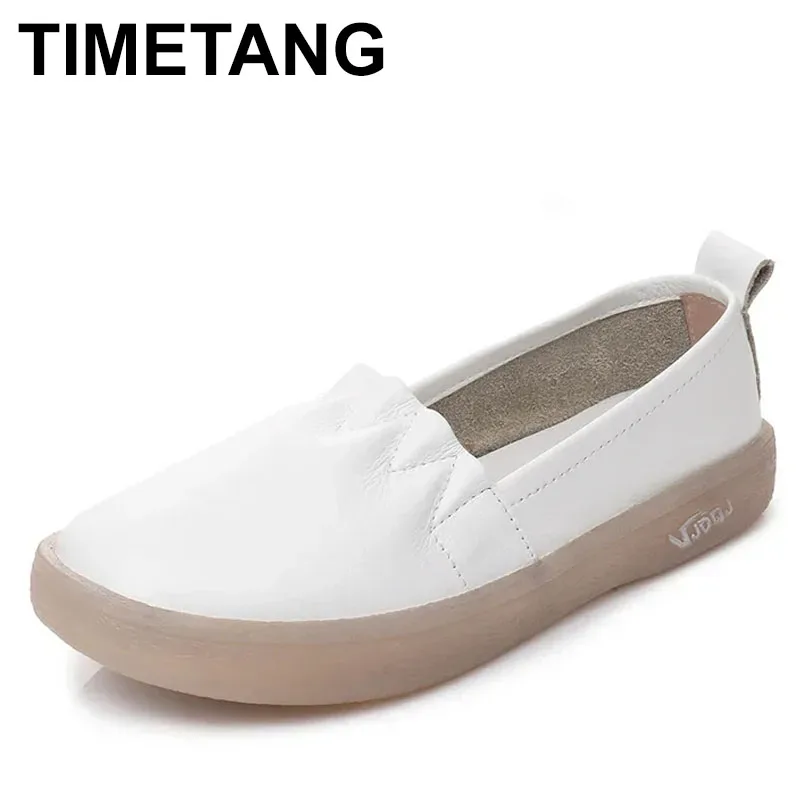 

2025 Spring Women Loafers Shallow Authentic Leather Casual Flat Shoes Women Boat Shoes Soft Genuine Leather Shoes White