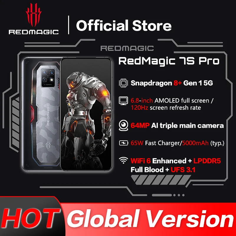 Versão global redmagic 7s pro smartphone 6.8 ''sob câmera snapdragon 8 + gen 1 65w carga rápida 64mp câmera tripla nfc