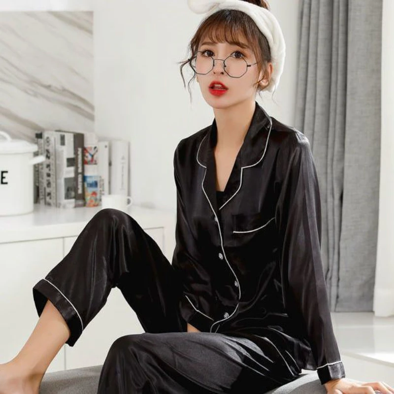 Ice Silk Pajamas Ladie Long-sleeved Thin Korean Version of The Casual Large Size Homewear Two-piece Set Spring Summer   Homewear