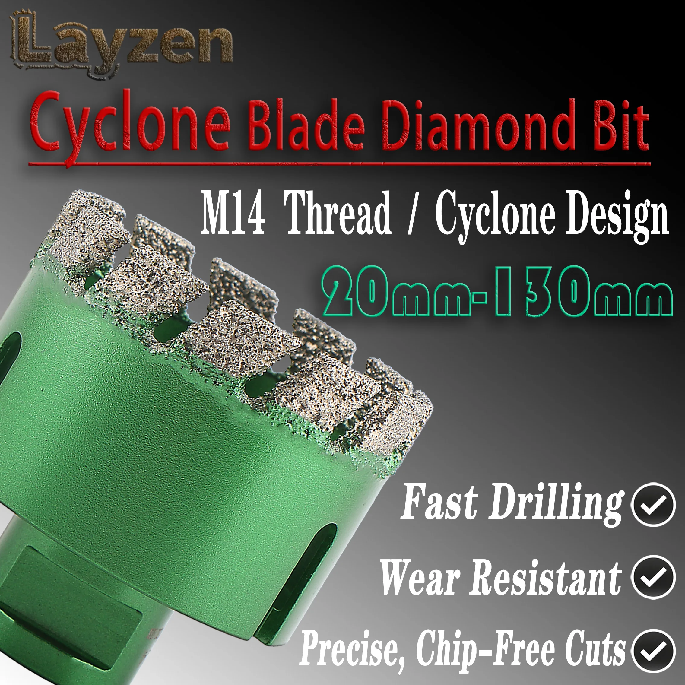 

Layzen M14 Dry Vacuum Brazed Diamond Core Drill Bit 20-130mm Cyclone Hole Saw For Ceramic Tile Granite Marble Porcelain Masonry