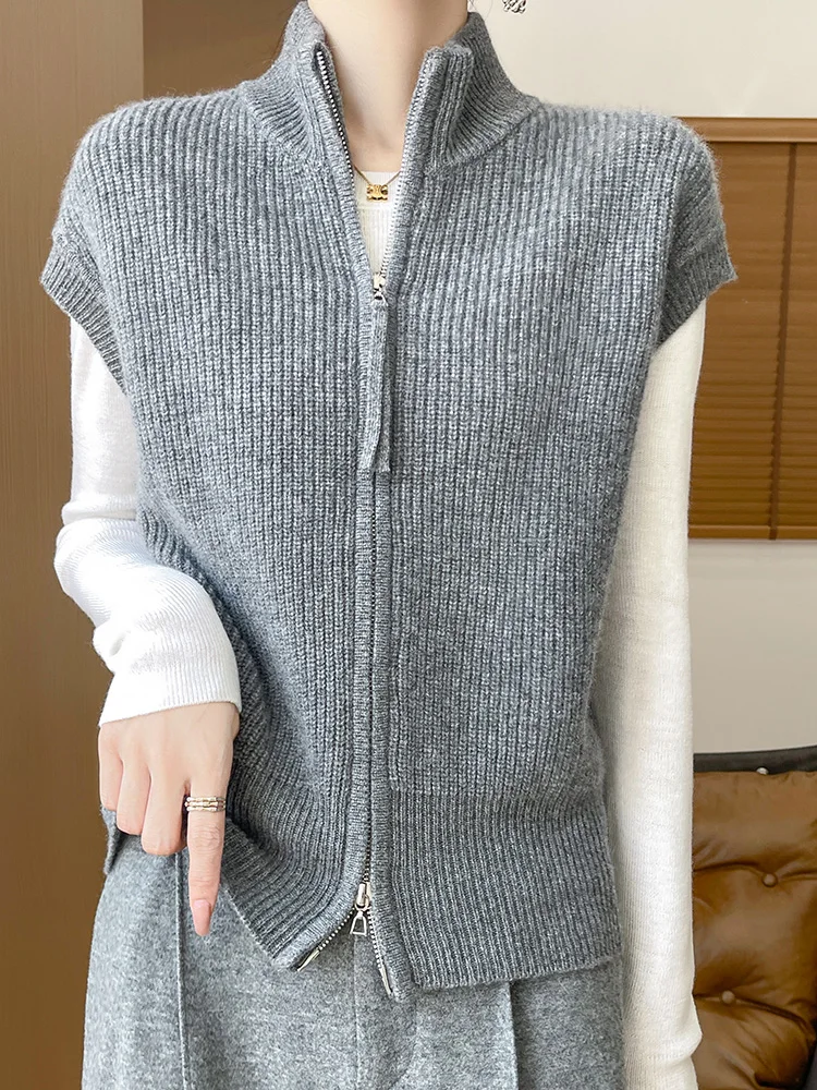 New Fashion Women Zipper Waistcoat Autumn Winter Turtleneck Sleeveless Cardigan Thick Cashmere Sweater 100% Merino Wool Knitwear