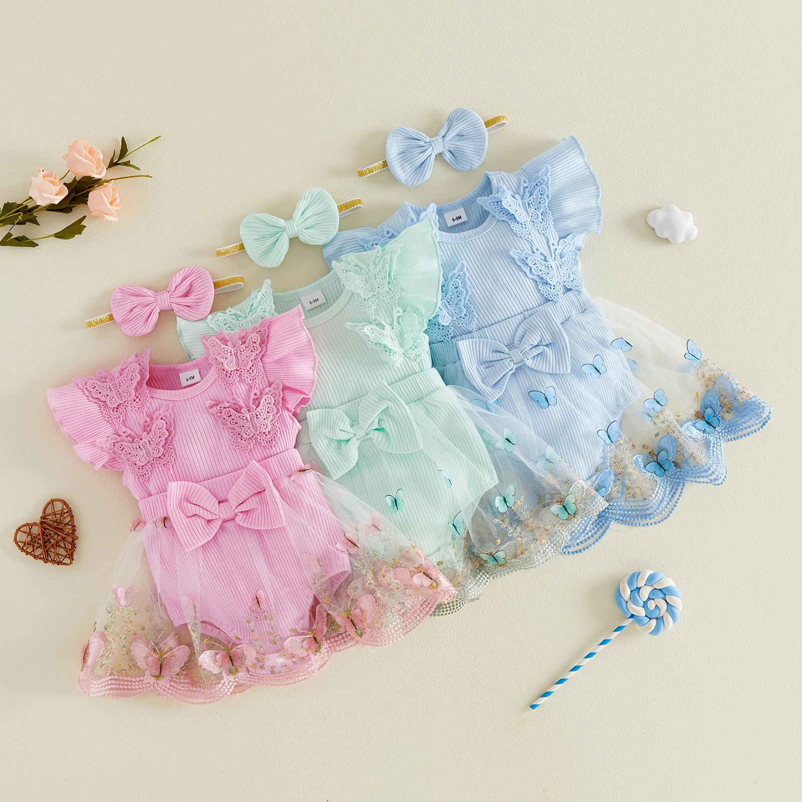 Baby Girls Rompers Butterfly Embroidery Round Neck Fly Sleeve Tulle Skirt Hem Infant Bodysuits Jumpsuits with Headband