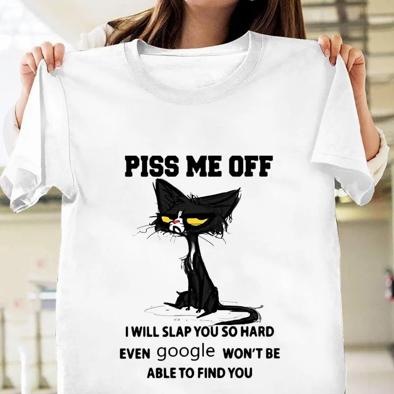 

Funny Piss Me Off Black Cat Graphic Printed T-Shirt Personalized Creative Cat Harajuku Outdoor Casual Short Sleeve T-Shirt Top