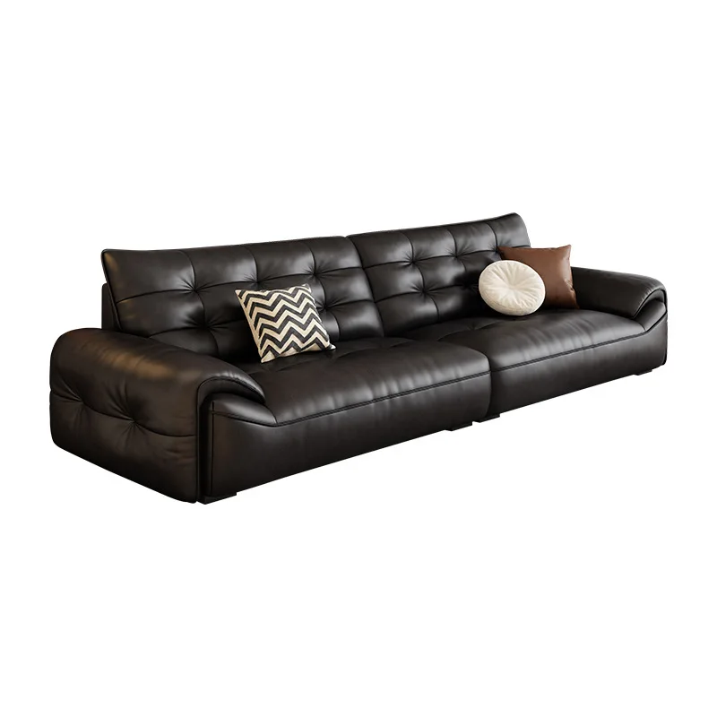 

Black medieval leather sofa, oil wax first layer cowhide, retro, large and small apartment, living room
