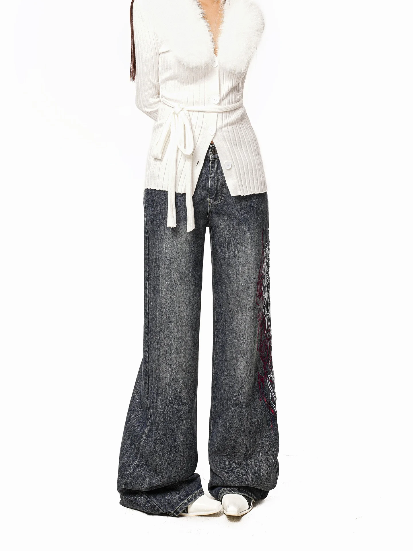 아리엘링크 아메리칸 레트로 사이드 자수 토템 여성 스트레이트 루즈 와이드 레그 진 캐주얼 로우 웨이스트 프린트 미디엄 소프트 원단