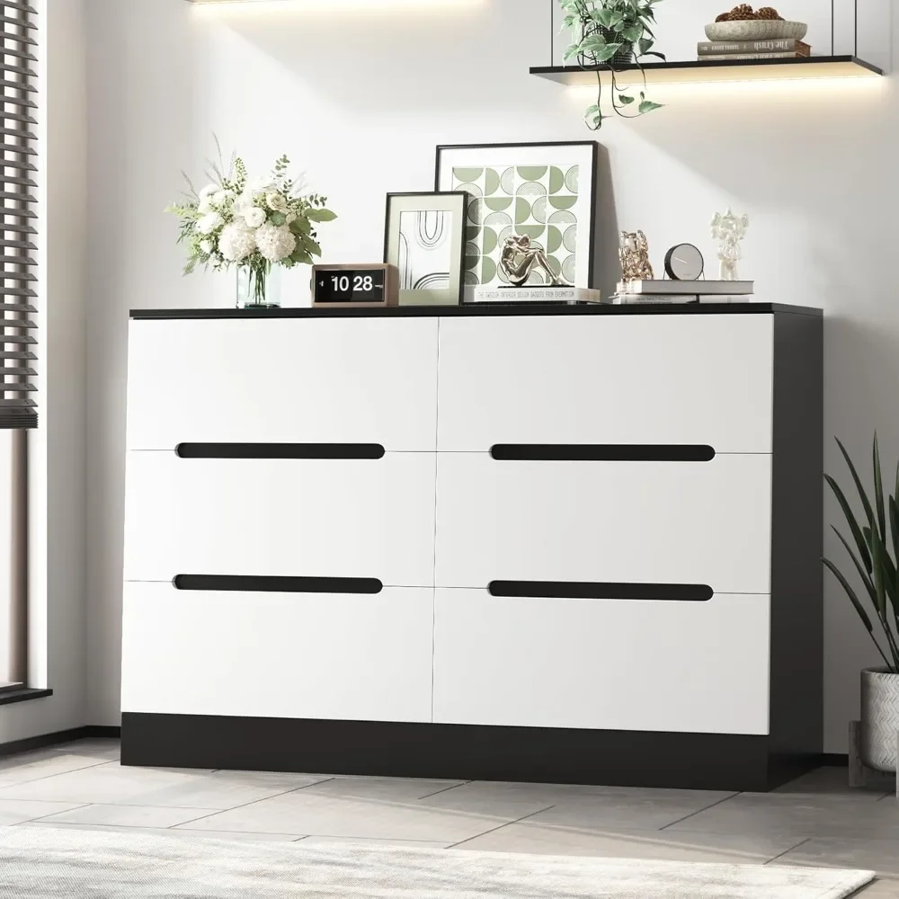 47.2-inch 6-drawer Vanity, White TV Cabinet of Drawers, Polished White Floor Storage Chest of Drawers, Modern Classic Vanity