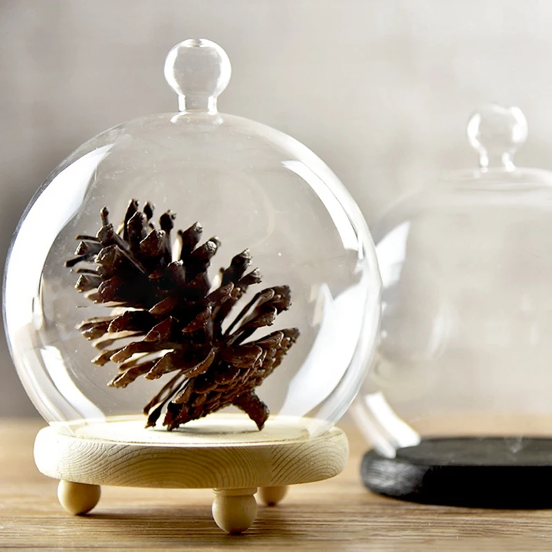 Clear Glass Display Dome With Wooden Base Preserved Flower Glass Cover Antique Crafts Dust Cover Product Display Cover