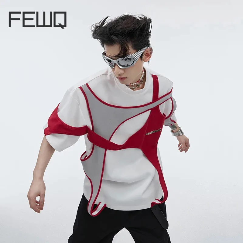 

FEWQ Summer High Street Men's T-shirt Double Layer Patchwork Design Shoulder Pad Short Sleeve Straps Contrast Color Male 24Y169