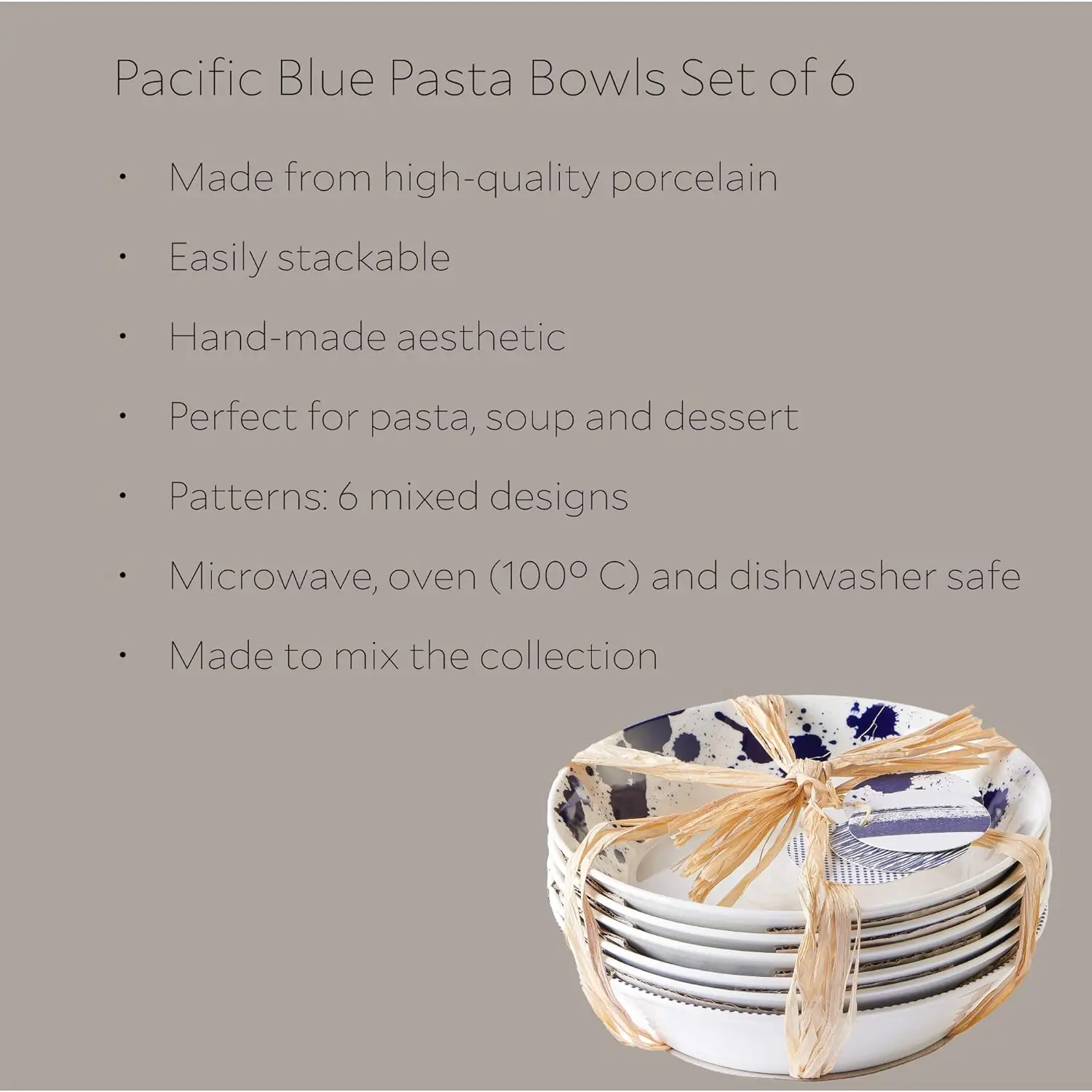 Porcelain Pacific Mixed Patterns Set of 6 Pasta Bowls, 22cm, Blue Dining Table Set  Dish Set