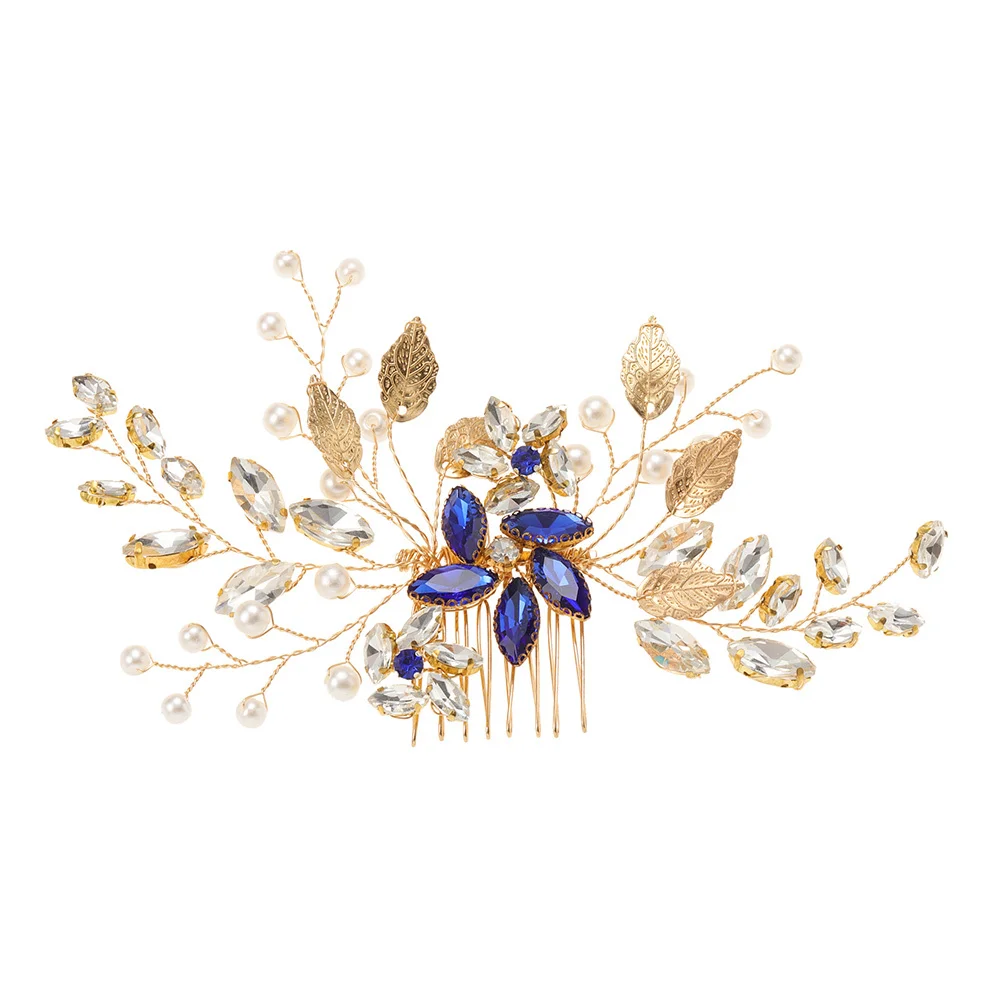 مشط شعر من حجر الراين باللون الأزرق اللؤلؤي أنيق لحفلات الزفاف وحفلات الزفاف وحفلات التخرج للفتيات على شكل زهرة العروس وغطاء الرأس