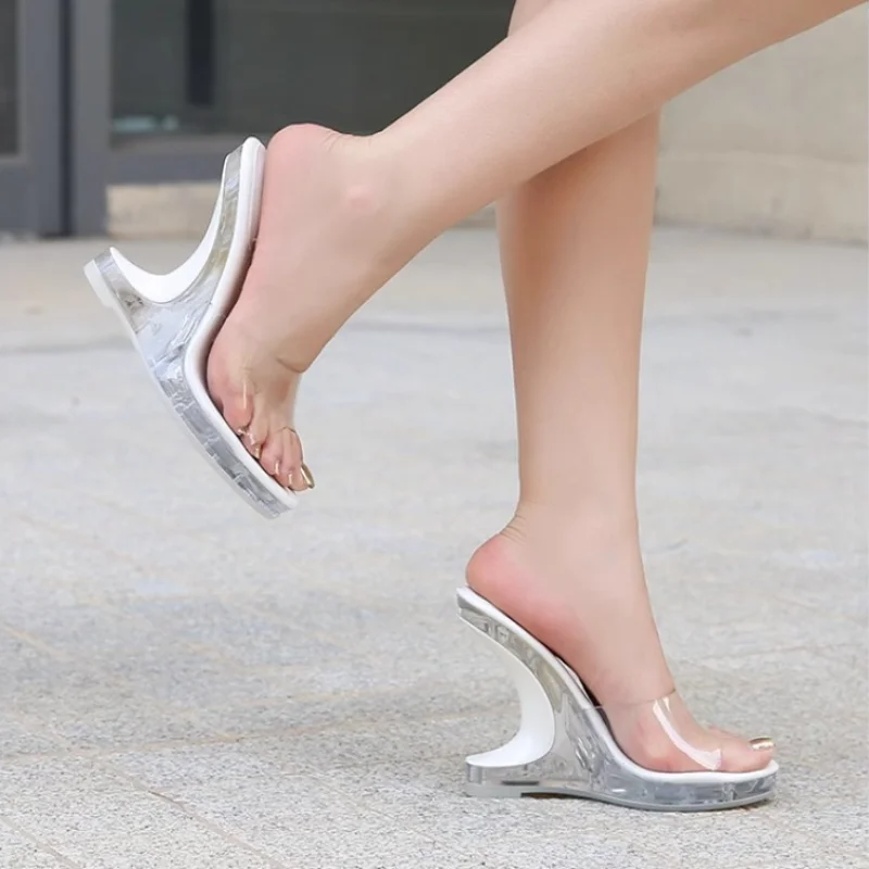 Versatile Transparent Banquet Crystal Shoes with Exposed Toes Wearing Fish Mouth Wedge Heels and Irregular Sandals