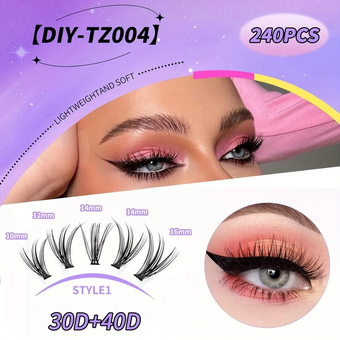 DlY Eyelash Extension Kit 240pcs Mix Individual Lashes Cluster D Curling, Lash Clusters With Lash Bond, Lash Remove And Seal And