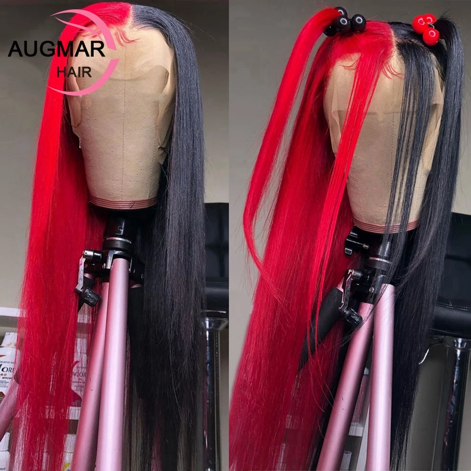 13x4 Half Black Red Colored Human Hair Wigs With Bangs HD Tranparent 360 Lace Frontal Wig 30 Inch Virgin Straight Lace Front Wig