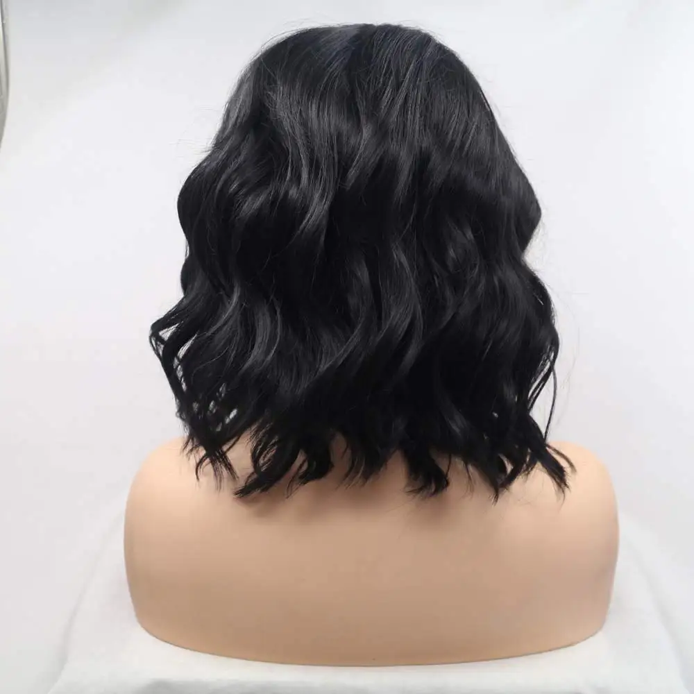 여성용 내추럴 블랙 짧은 웨이브 합성 레이스 프론트 가발, 헤어 사이드 부품, 내열성 섬유 짧은 블랙 가발