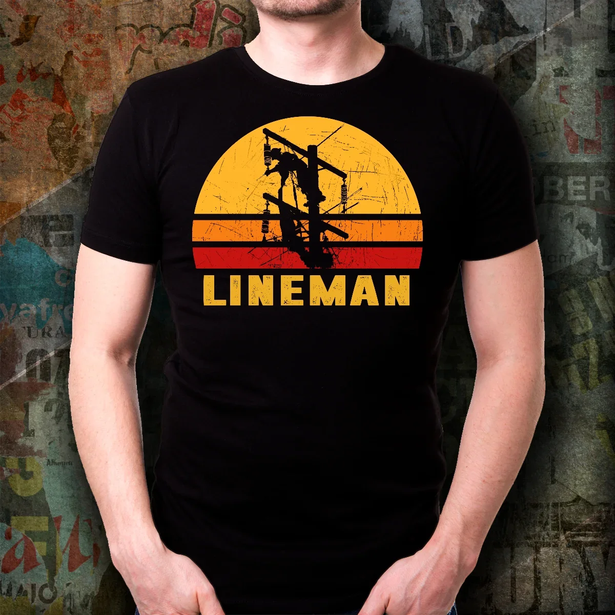Power Lineman T-Shirt For Men Electricial Linesman Tee Gift Retro Sunset