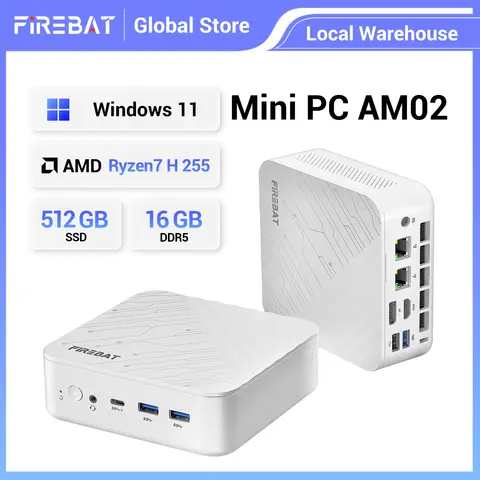 Firebat Am02 Mini Gaming Pc – Amd Ryzen 7 H255, 16Gb Ddr5 Ram, 512Gb M.2 Pcie Ssd, Wi‑Fi 6 + Bluetooth 5.2, Gigabit Ethernet, Windows 11