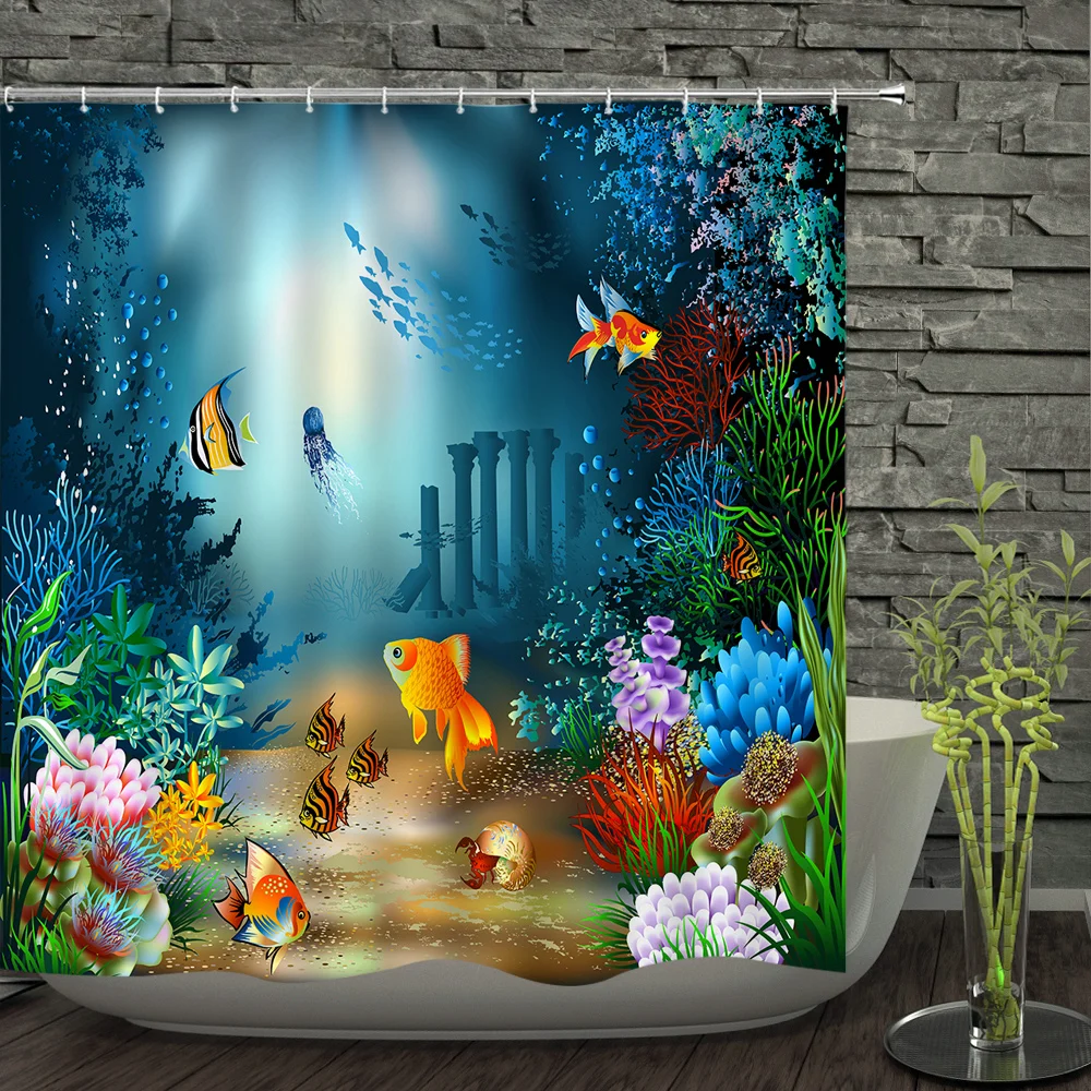 Sea Ocean Fish Whale Shower Curtains Bathroom Curtain Home Decor Waterproof Polyester Fabric Bath Screen Curtain With 12 Hooks