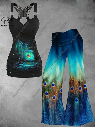 Imagen 2 del producto PLstar Cosmos 2023 nuevo chaleco de mariposa de plumas de pavo real arcoíris literario con estampado 3D para mujer + pantalones de pierna ancha conjunto de dos piezas