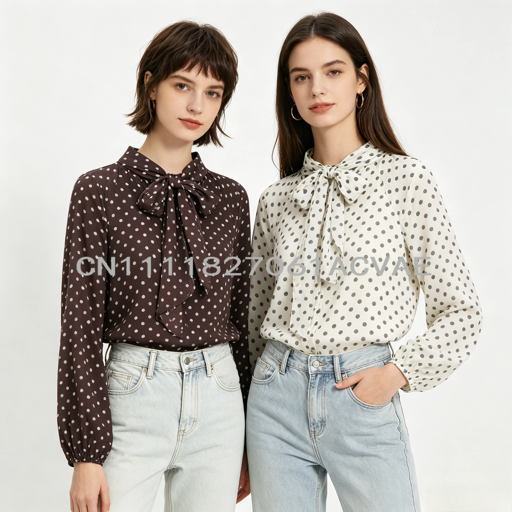Elegant Women Polka Dot Blouse, Spring Bow Tie Lantern Sleeve Layered Neck Chiffon Shirt, Casual Daily Office Top